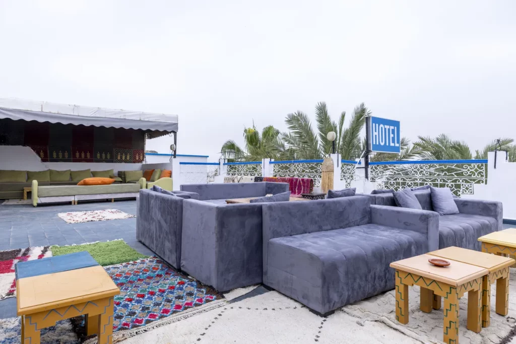 Surf camp terrace with sea view in Taghazout, Morocco