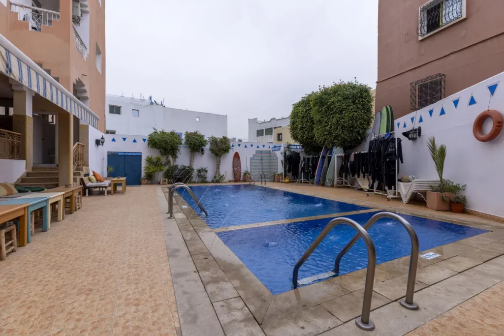 Surf camp pool area in Taghazout, Morocco