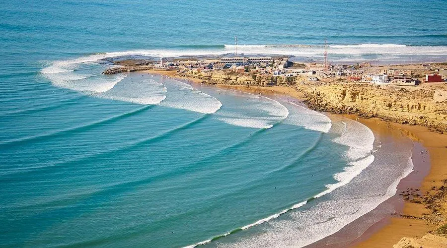 Imsouane Bay Luftaufnahme lange Wellen Taghazout Surf Camp